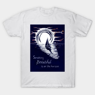 Something Beautiful is on The Horizon, Inspirational Linocut in Blue and Red T-Shirt